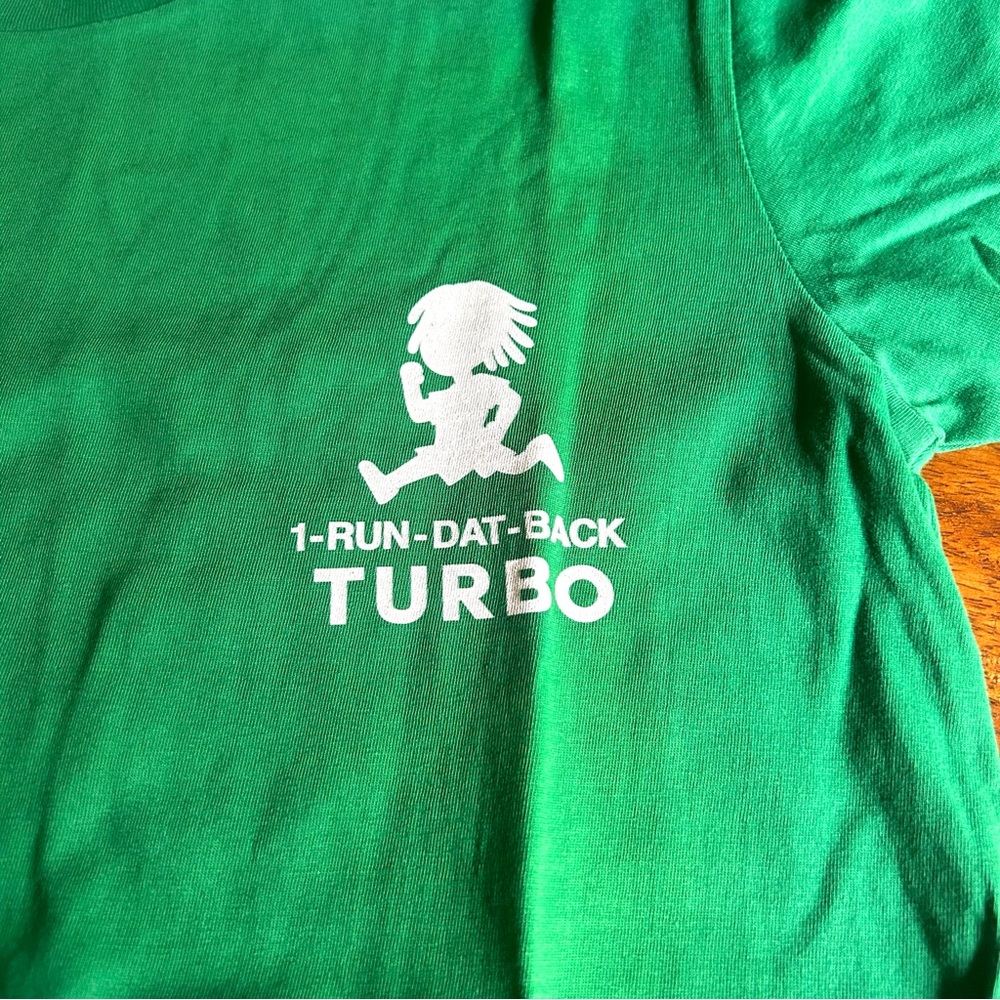 NWOT Turbo Run Dat Back Graphic T-Shirt in Green Unisex Size Small